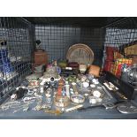 Cage containing coffee grinder, silver plated milk jug, Egyptian dish, plus quantity of wristwatches