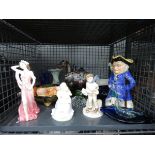 Cage containing character jug, modern horse, figures plus coloured glass dishes