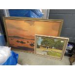 Oil on board fence, trees and lane, plus a print of yachts and boats at anchor