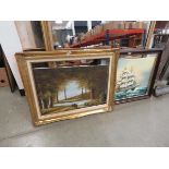 Qty of paintings and prints to include sailing ship at sea, lake with woodland, St Albans and