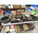 2 boxes containing kitchen scales, kettles, and cooking pots