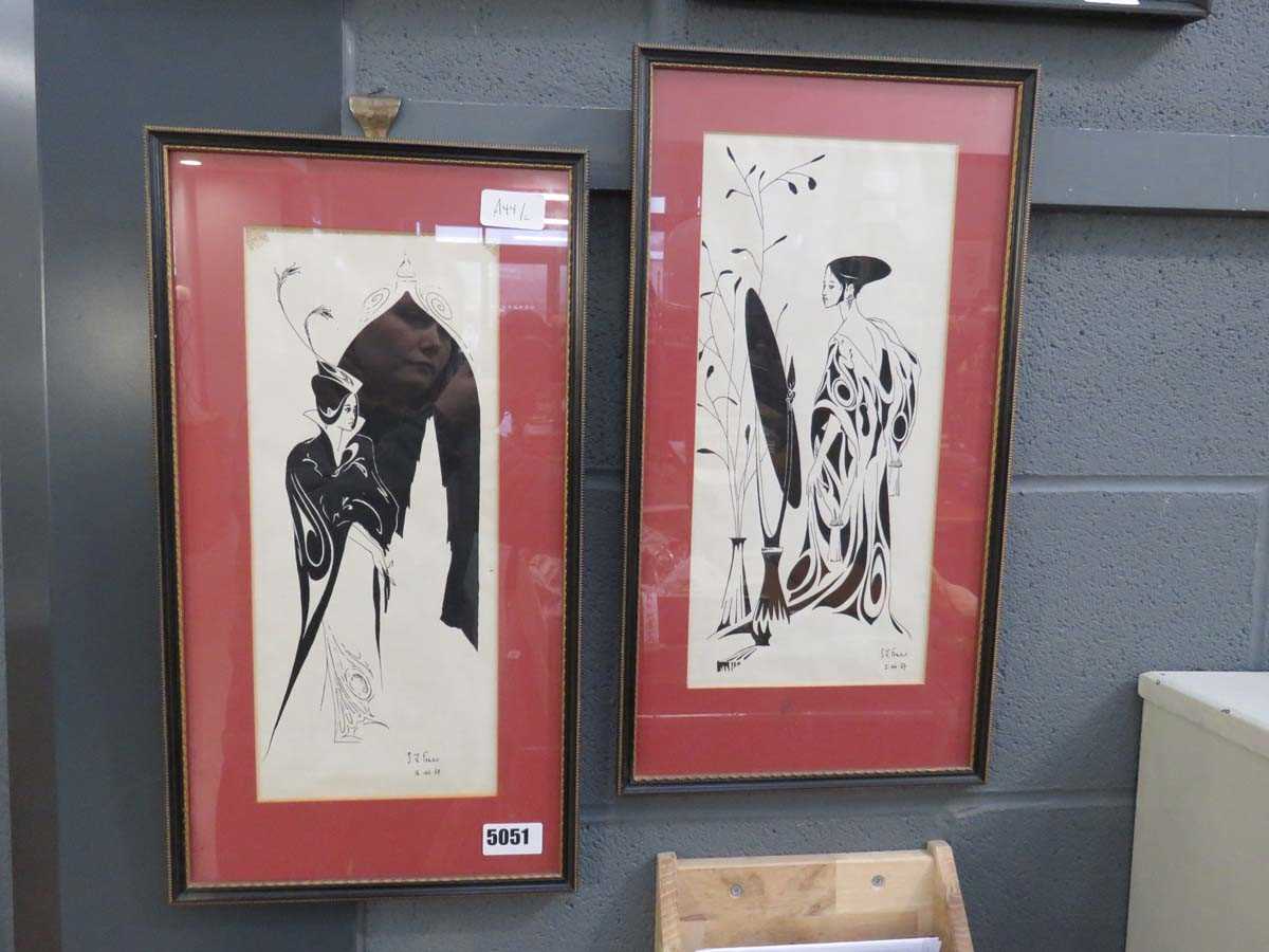 Pair of black and white fashion prints of elegant ladies in the manner of Aubrey Beardsley