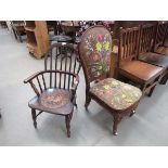 Child's elm stick back arm chair plus Victorian chair with embroidered seat and back