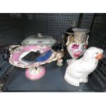 Cage containing Staffordshire dog, hip flask, enamelled pill box and various china