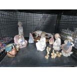 Cage containing Wade Whimsies plus Nao and Royal Doulton figures