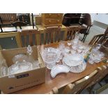 Collection of sherry and wine glasses, tumblers, butter dish, decanters and vases