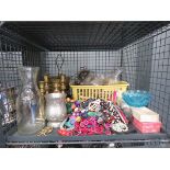 Cage containing brass candlesticks, loose cutlery and costume jewellery