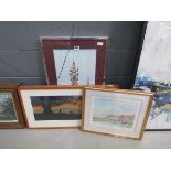 Three prints to include a harbour scene, stately home, and a floral arrangment