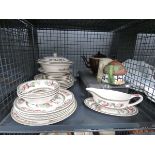 +VAT Cage containing Indian tree patterned crockery plus ornamental teapots