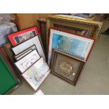 Quantity of picture frames, Indian wall-hanging, watercolour of a stately home, certificate, coastal