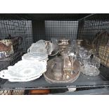 +VAT Cage containing gallery tray, hip flask, pewter mug, glassware and leaf patterned crockery