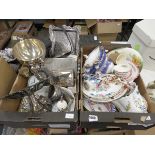 2 boxes containing silver plate to include trays and dishes, mustard pot, card box, alarm clock,