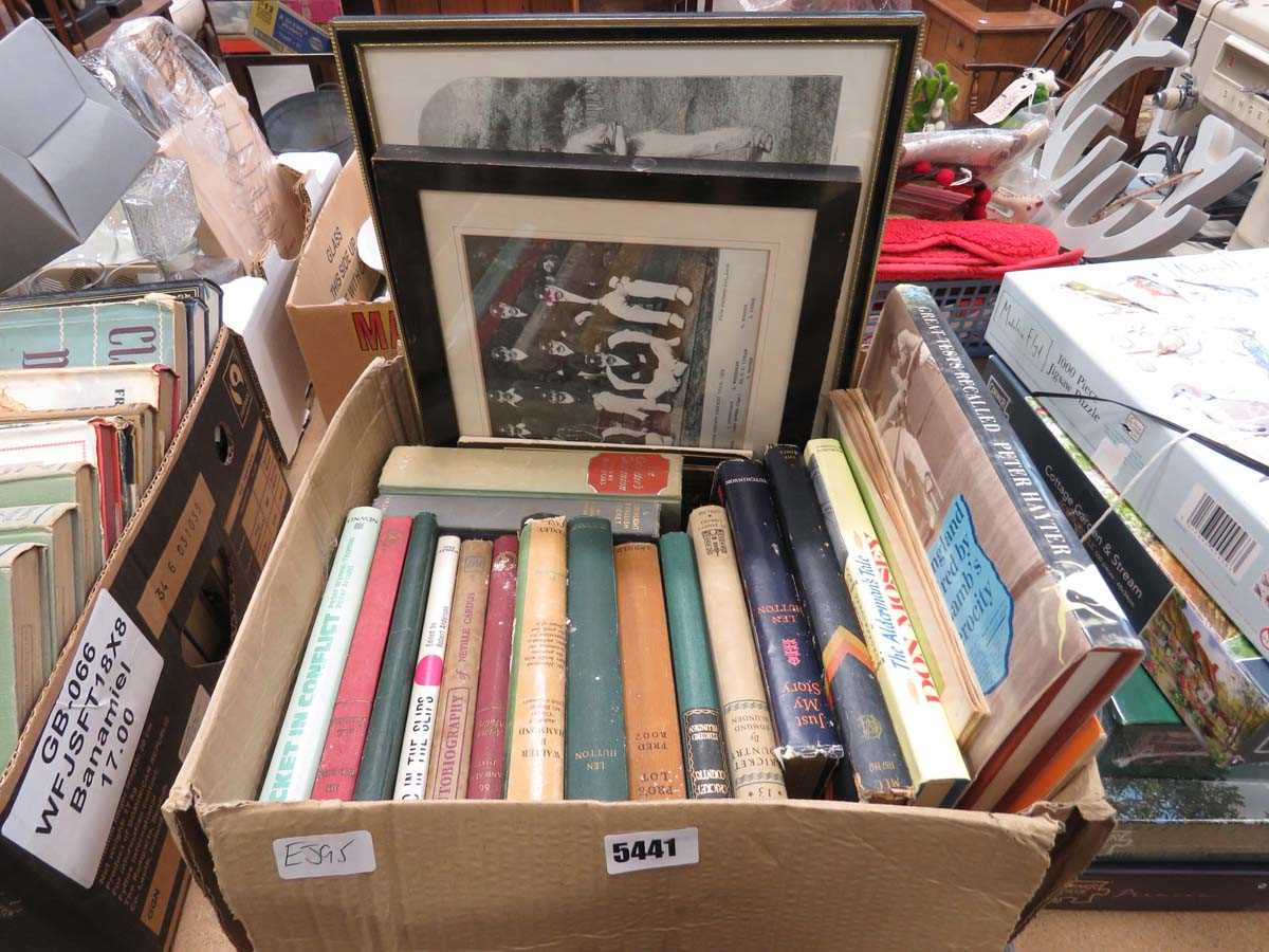 Box containing cricketing biographies, reference books, and 2 prints