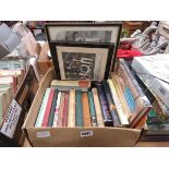 Box containing cricketing biographies, reference books, and 2 prints