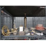 Cage containing salt and pepper sets, ornamental plane, carriage clock, egg cups and brass