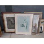 3 prints entitled: 'The Blind Fiddler', 'Albino Tiger' and 'Lake with Wild Fowl'