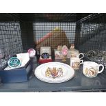 Cage containing paperweights, quantity of commemorative ware and 2 Lilliput Lane cottages