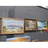 Three oil paintings, Table Mountain, Cape Dutch House, and a tropical beach