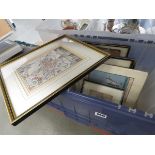 Box containing a qty of maps, a mughal, a picture, engraving of Bedford Bridge, and other