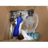 Box containing glass vases and a shallow dish