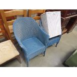 2 blue painted Lloyd Loom style armchairs plus laundry basket