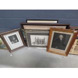 Qty of engravings to include portrait of a gentleman, cathedral facade, stag in the forest, and