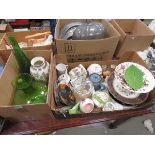 2 x boxes containing a sugar shaker, modern oriental vase, green glass vases, teapot, Bunnykins cups