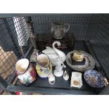 Cage containing Toby jugs, silver plated candlestick, ornamental figures and crested ware