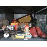 Cage containing vintage shoes, cameras, radio, tins and ornaments