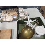 Box containing Coalport coffee cups and saucers plus tea service and scale with weights