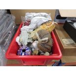 Box containing ornamental glass fish plus owls and other figures