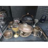 Cage containing silver plate and metal ware to include goblets and mugs, ash tray, ladle, coaster