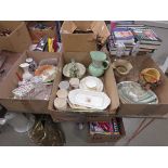 3 boxes containing Doulton character plate, oriental vessels, decanters, china basket and jug