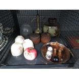 Cage containing oak cigarette boxes, ornamental figures, lampshades and middle eastern brass kettle