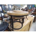 2 oak and metal circular occasional tables