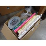 Box containing clutch bag, collectors plate and cross stitch tapestry books