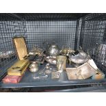 Cage containing box set of cake forks, vintage tins, loose cutlery and various dishes