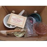 Box containing glass bowls, ornamental fan, mint sauce pot, general crockery and cigarette card