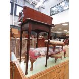 Oak side table with hanging shelf plus 3 upholstered footstools