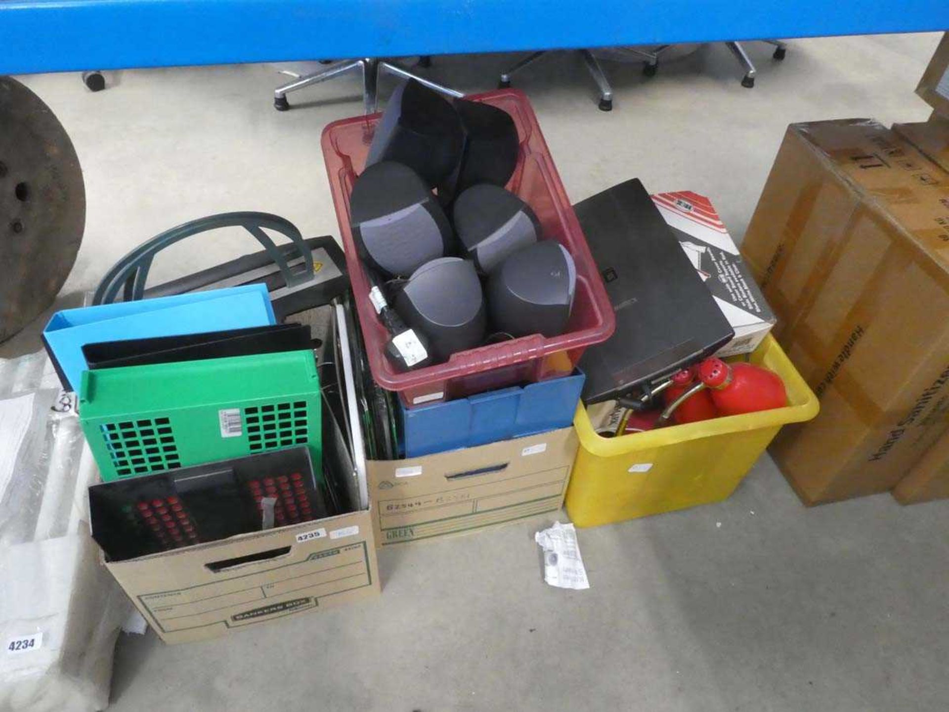 3 boxes of office startup equipment inc. lamps, speakers, file trays etc.