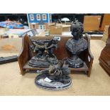 3 metal ware figures plus table top book rack