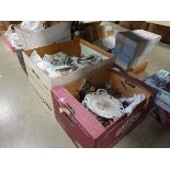 5 boxes containing basket of artificial fruit, general crockery, china, glassware, flat iron and