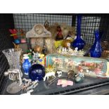 Cage containing blue glass and vases, miniature ornamental figures, paperweights and quartz clock