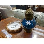 Brass and glass lantern together with wall mounted compass