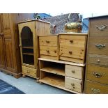 Pair of modern pine two drawer bedside cabinets, an entertainment stand plus a glazed hifi cabinet