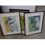 4 comical golfing prints plus photographic print of lake with islands