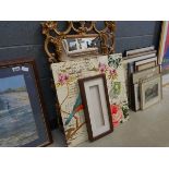 Giltwood wall mirror together with wall art and picture frame