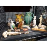 Cage containing classical Greek figures, letter openers, miniature tea caddy plus water jugs