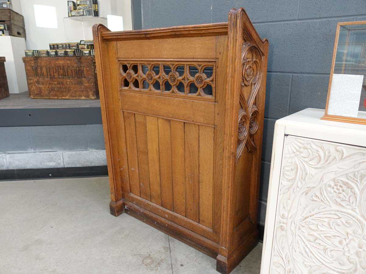 A pair of Victorian oak pew-fronts or lecterns, each with panelled fronts and decorated with Tudor - Image 3 of 5