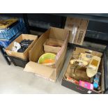 3 boxes containing vintage telephone, yacht, fire dogs, mixing bowls, champagne flutes and Diecast